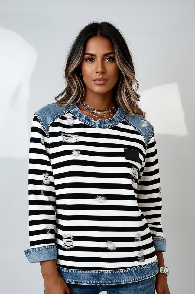 Raglan Denim Patchwork Sweatshirt