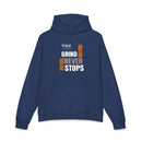 Navy blue hoodie with motivational text design on a white background