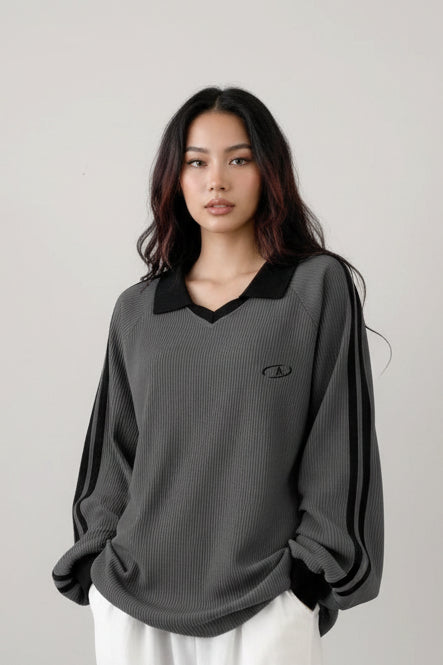 Striped Polo Collar Sweatshirt