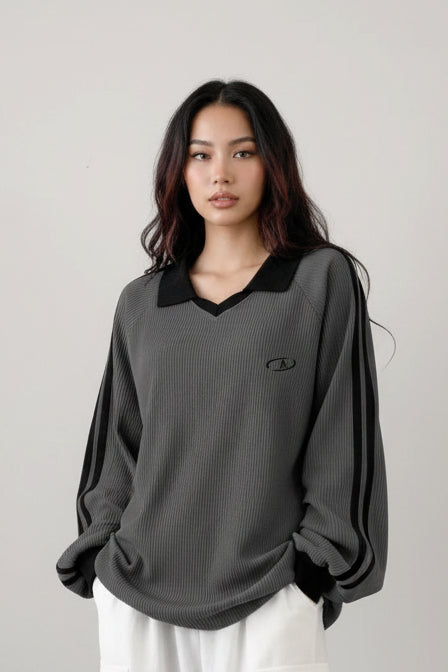 Striped Polo Collar Sweatshirt