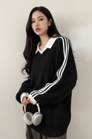 Striped Polo Collar Sweatshirt