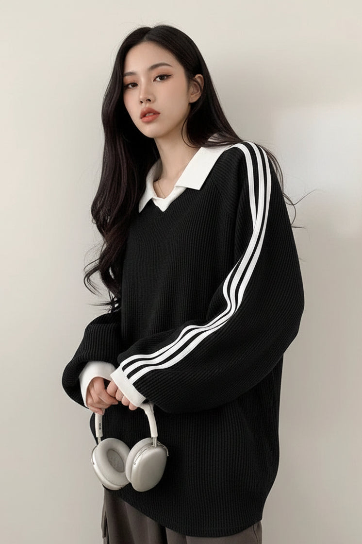 Striped Polo Collar Sweatshirt