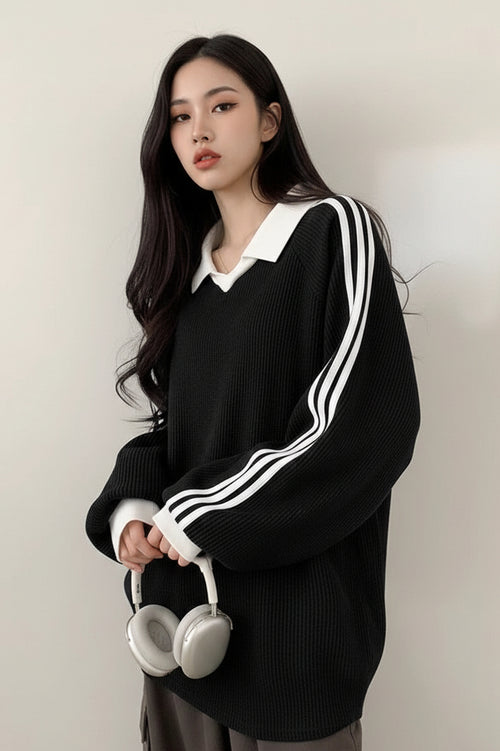 Striped Polo Collar Sweatshirt