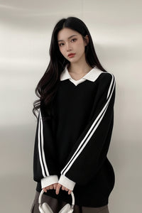 Striped Polo Collar Sweatshirt