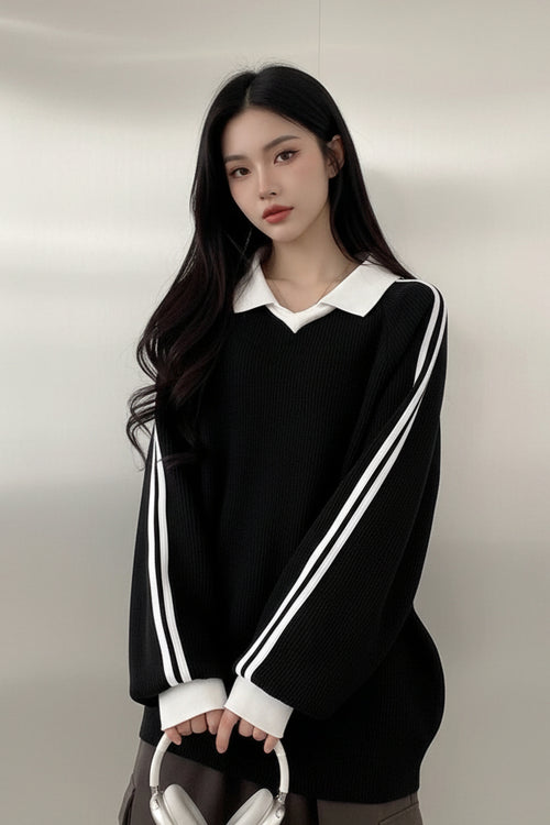 Striped Polo Collar Sweatshirt