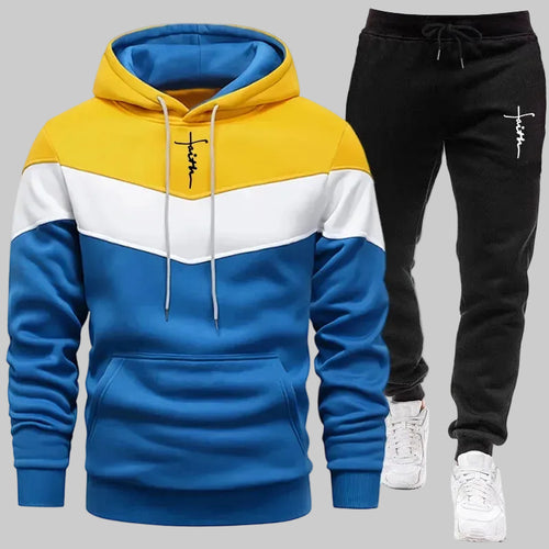 Men’s Tricolor Casual Tracksuit Set – Autumn/Winter Hoodie & Elastic Waist Sweatpants | Comfortable Daily Sportswear