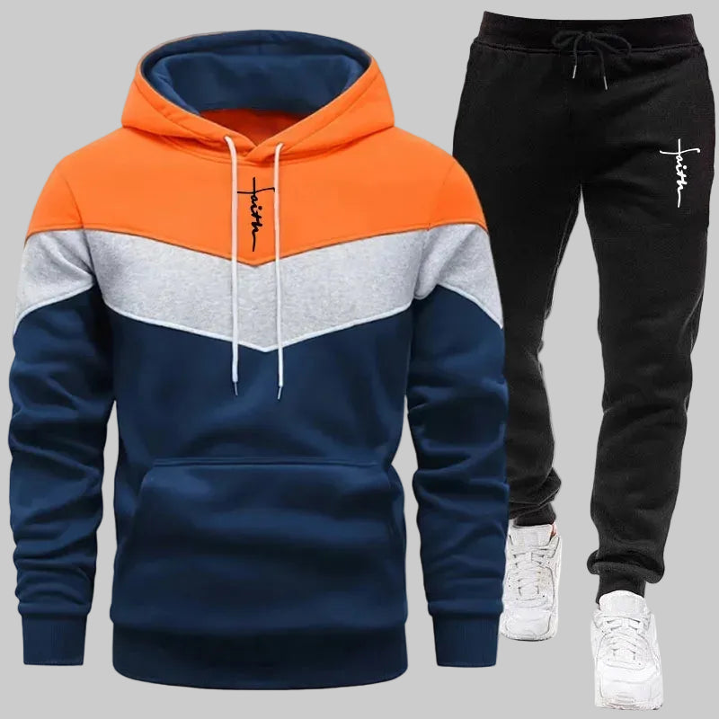 Men’s Tricolor Casual Tracksuit Set – Autumn/Winter Hoodie & Elastic Waist Sweatpants | Comfortable Daily Sportswear