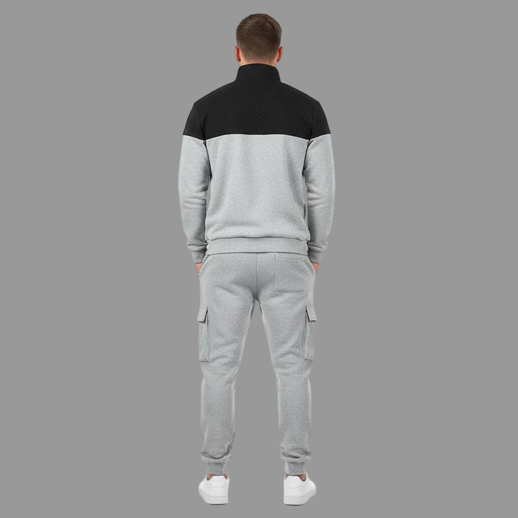 Gray and black tracksuit with jogger pants on a white background