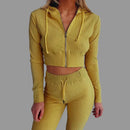 Yellow ribbed tracksuit worn by a person on a white background