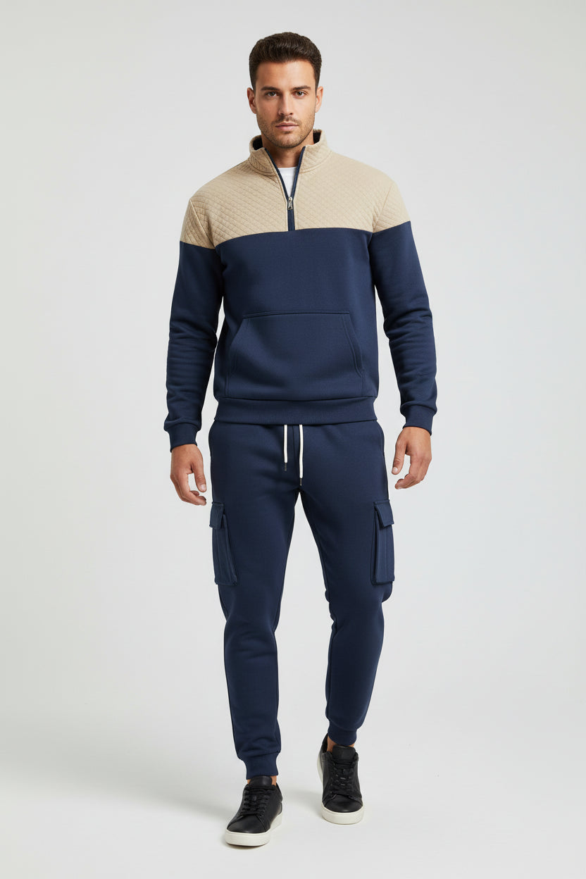Navy and beige tracksuit with cargo pants on a white background