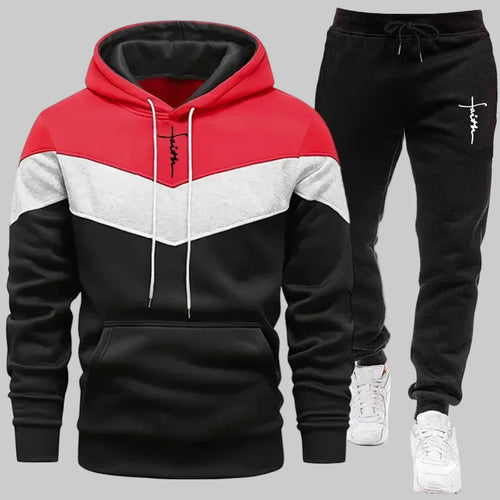 Men’s Tricolor Casual Tracksuit Set – Autumn/Winter Hoodie & Elastic Waist Sweatpants | Comfortable Daily Sportswear