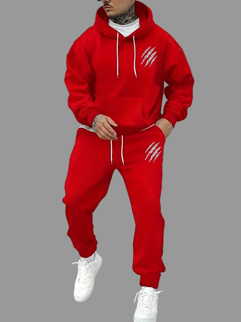 a red hooded outfit with a gray background