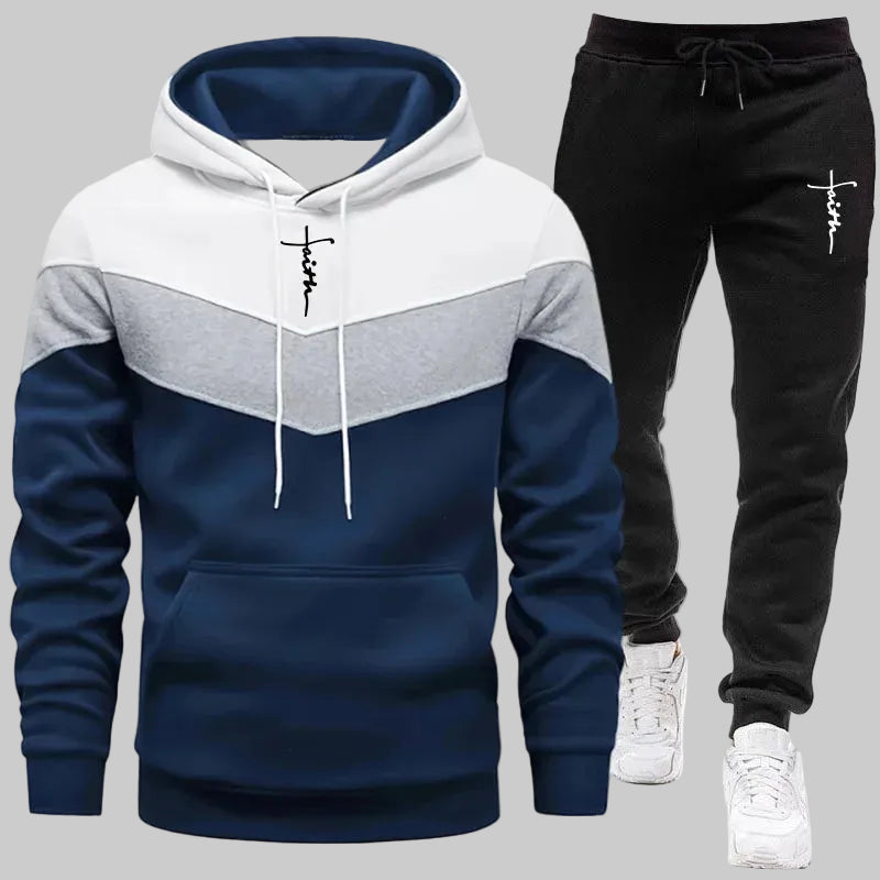 Men’s Tricolor Casual Tracksuit Set – Autumn/Winter Hoodie & Elastic Waist Sweatpants | Comfortable Daily Sportswear