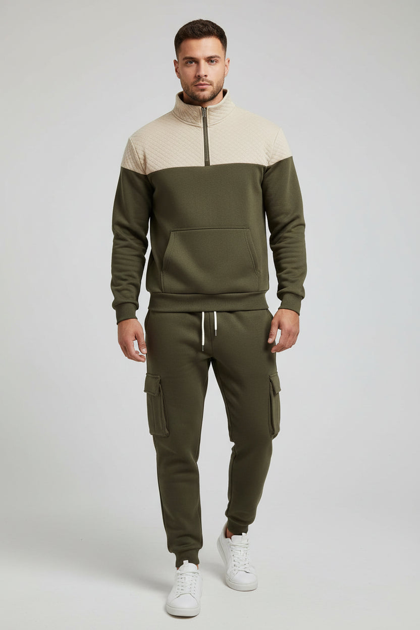Green and beige tracksuit with cargo pants on a white background