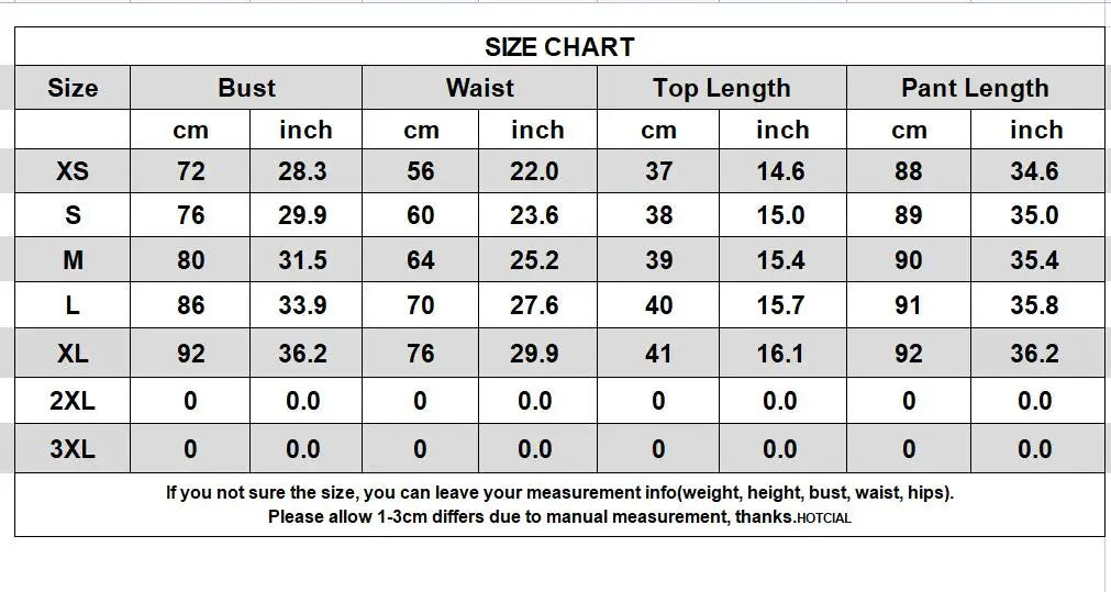 Size chart for clothing measurements in centimeters and inches