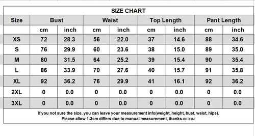 Size chart for clothing measurements in centimeters and inches