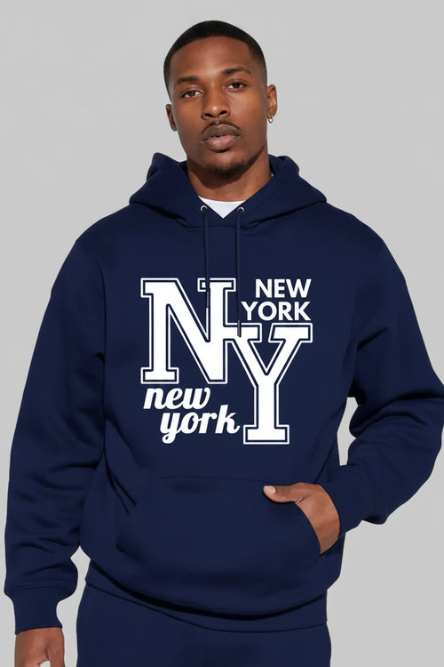 Person wearing a navy blue hoodie with 'New York NY' text on a gray background