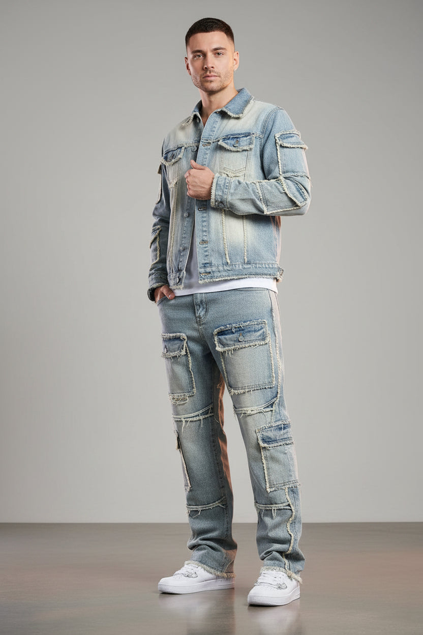 Person wearing a distressed denim jacket and jeans on a white background