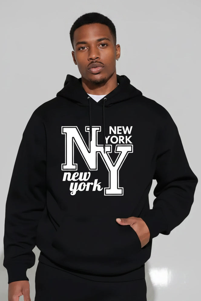 Person wearing a black hoodie with 'New York NY' text on a gray background