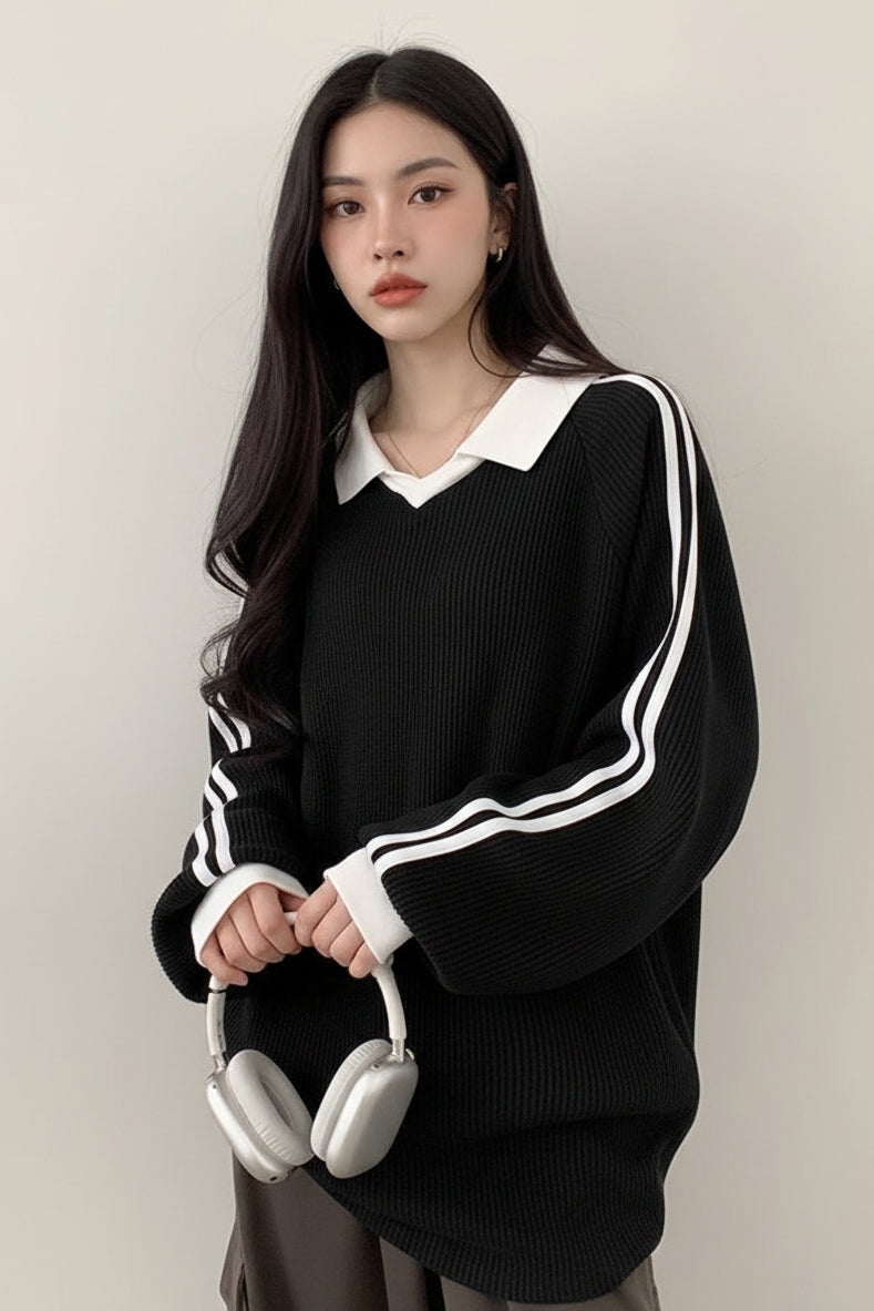 Striped Polo Collar Sweatshirt