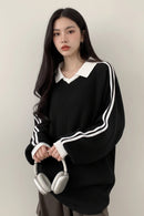 Striped Polo Collar Sweatshirt