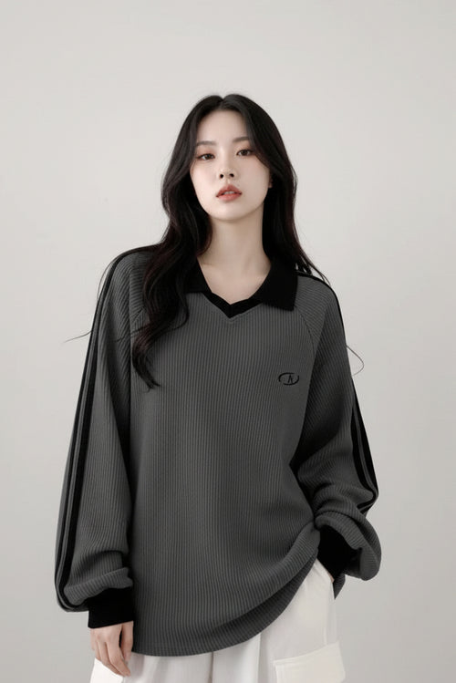 Striped Polo Collar Sweatshirt