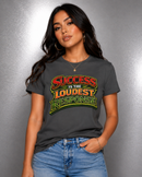 Woman wearing a t-shirt with 'Success is the Loudest Response' text against a gray background